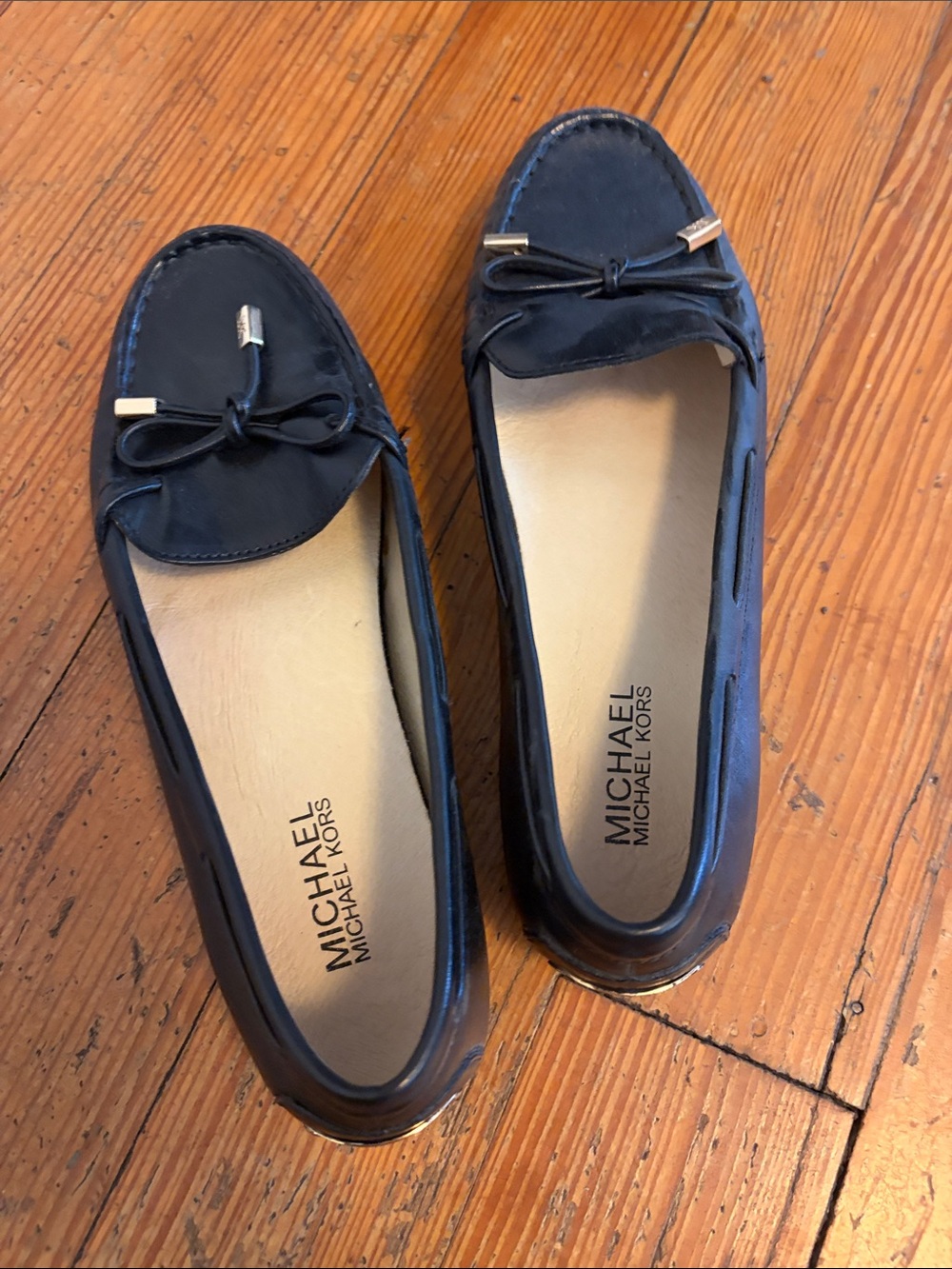 Michael Kors Navy Leather Bow Loafers with Gold Accents